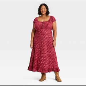 NEW Women's Puff Short Sleeve Ankle Sundress Red Floral 1X Cottagecore Boho